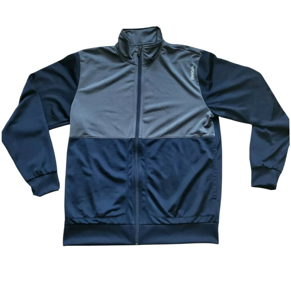 Reebok Vtg Track Gym Blue Gray Polyester Long Sleeve Zip Jacket Men Large Travel